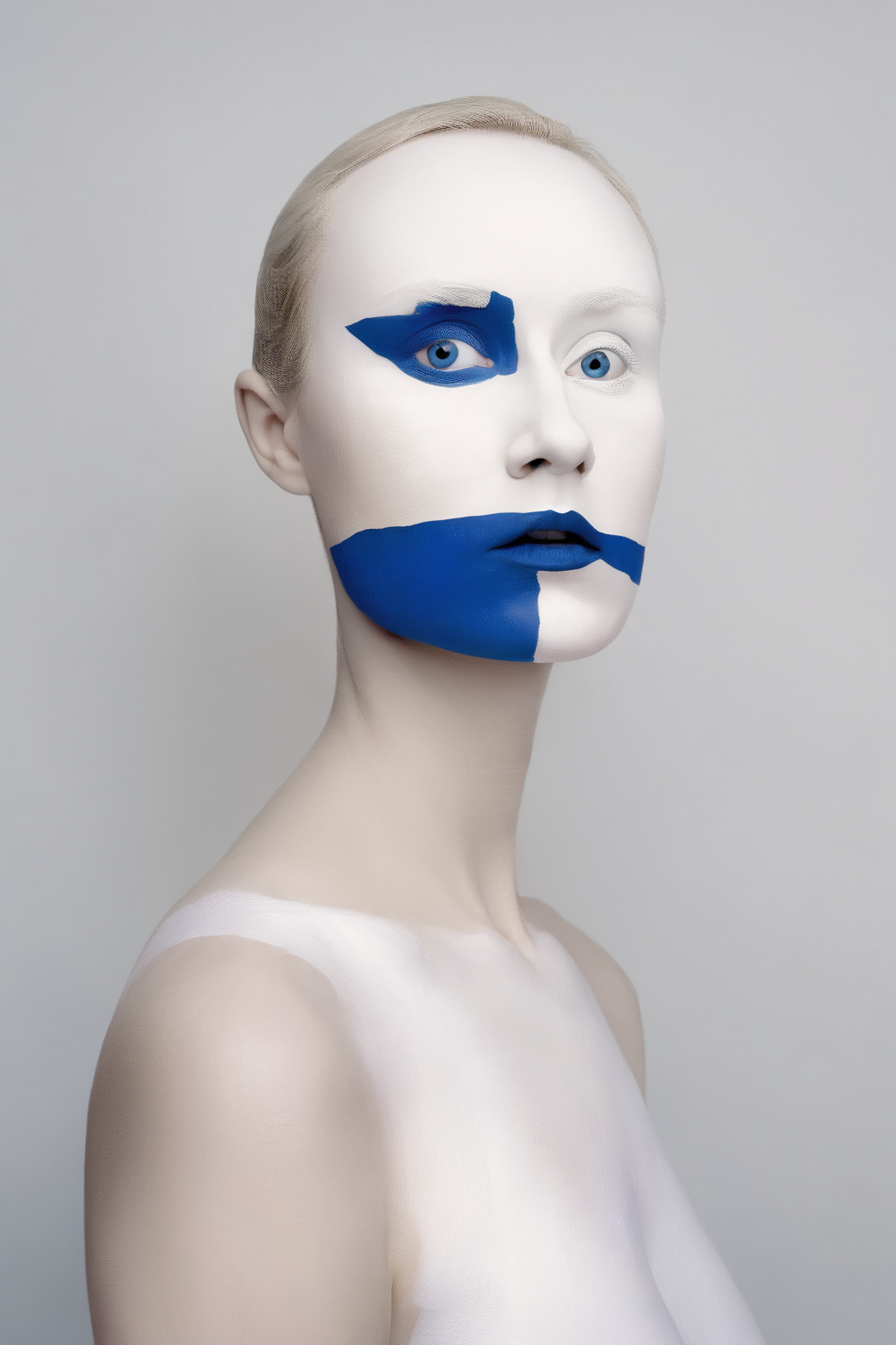 <lora:Photographer Flora Borsi Style:1>Photographer Flora Borsi Style - a woman with a face painted white with a blue line on her face