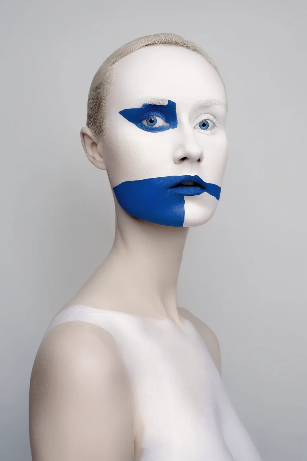 <lora:Photographer Flora Borsi Style:1>Photographer Flora Borsi Style - a woman with a face painted white with a blue line on her face