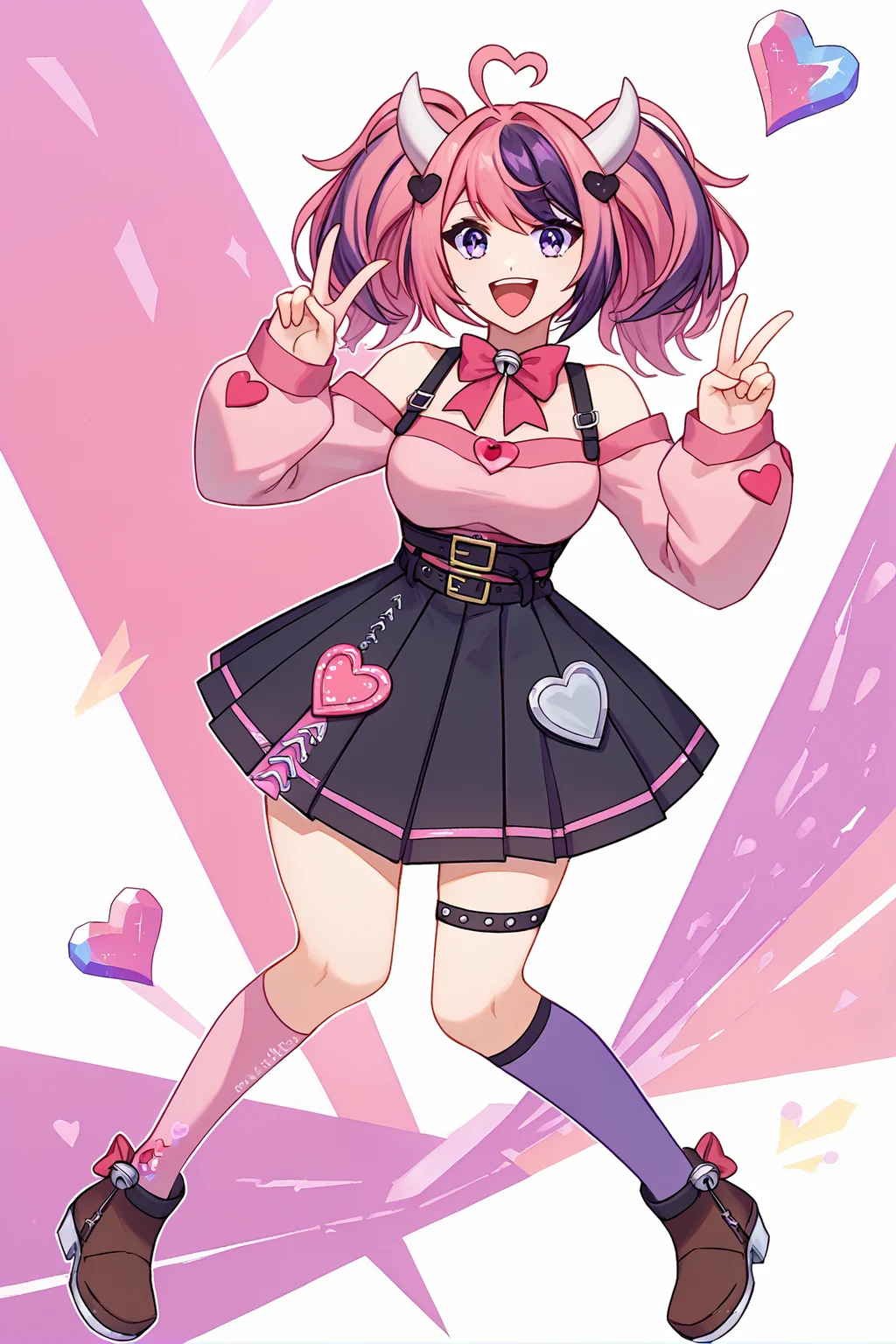 score_9,
<lora:ironmouse_v1_unpruned:1>, ironmouse, full body,
pink bow, jingle bell, detached sleeves, pink crop top, black heart hair ornament, single pink thighhigh, purple sock, black boots, pleated black skirt, black belt, off-shoulder,
looking at viewer, open mouth, happy, peace sign,
high resolution, Masterpiece