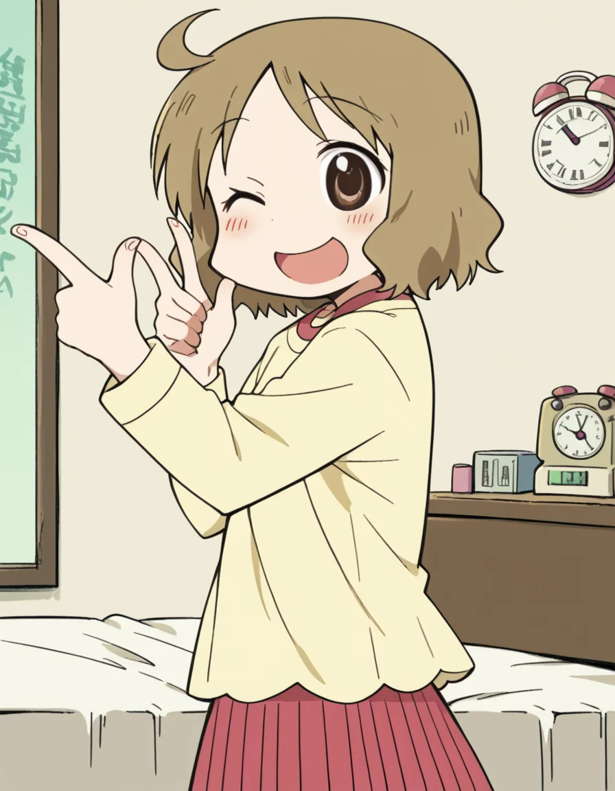 score_9, score_8_up, score_7_up, source_anime, <lora:izumi-sakurai-s1-ponyxl-lora-nochekaiser:1>, izumi sakurai, short hair, brown hair, brown eyes, ahoge,, skirt, yellow shirt, pleated skirt, red skirt,, bedroom, alarm clock, morning routine, yawning, stretching, on bed,, smile, <lora:double-finger-gun-ponyxl-lora-nochekaiser:1>, double finger gun,, blush, smile, one eye closed, from side, looking at viewer, solo,, dutch angle, cowboy shot