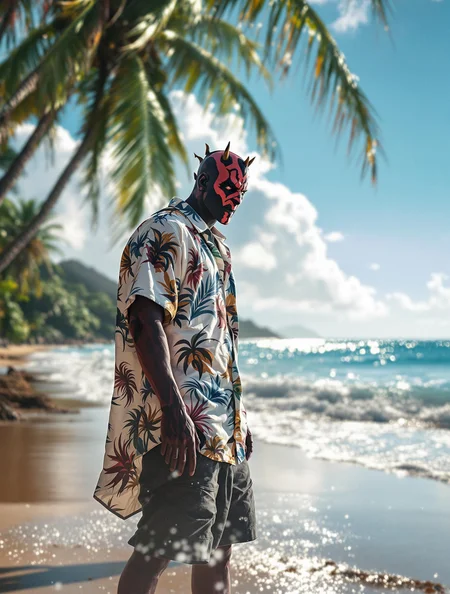 Off-center composition,A extremly fully detailed depiction of Darth Maul in hawaii shirt and shorts,standing on a beach watching the water,sun bright,bright colours brown light and shadows,highly detailed,blue light, high budget, bokeh, cinemascope, moody, epic, gorgeous, Hyperrealistic 24k uhd