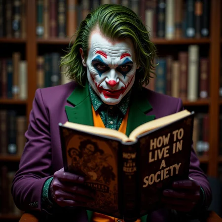 perfection style,realistic photograph,Joker from the Batman series reading a book in the library,BREAK, The cover of the book says: "How to live in a society",aidmaTextImprover,with text:"How to live in a society"