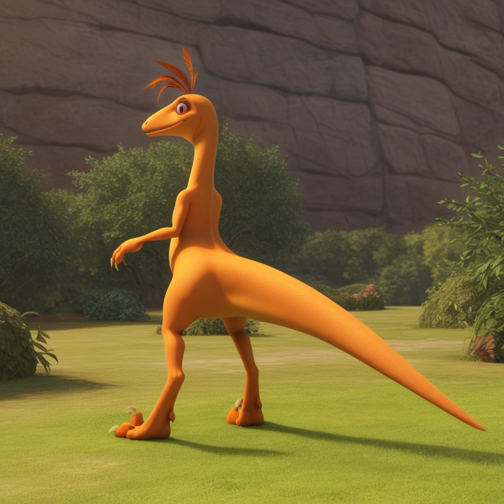 score_9, score_8_up, score_7_up, score_6_up, score_5_up, score_4_up, source_furry, dtmrconductorv2, semi-anthro, male, Troodon, orange skin, brown eyes, dinosaur, feather hair, standing, looking back, from behind, outside, on grass