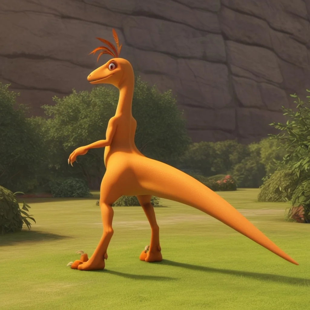 score_9, score_8_up, score_7_up, score_6_up, score_5_up, score_4_up, source_furry, dtmrconductorv2, semi-anthro, male, Troodon, orange skin, brown eyes, dinosaur, feather hair, standing, looking back, from behind, outside, on grass