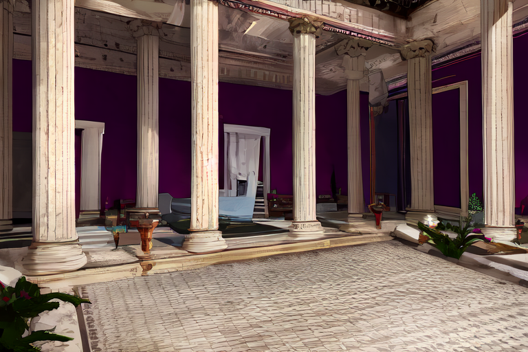 highly insanely detailed, masterpiece, top quality, best quality, highres, 4k, 8k, RAW photo, (very aesthetic, beautiful and aesthetic),  
Ancient Roman Interior Design,RomInt,ancient_roman_bathroom,Balneum,ancient_roman_dining_room,Triclinium, 
<lora:RomanInterior-10:1>, 
(1girl:1.3), 
1other, 
, 
long hair,undercut hair,ivy league hair, 
, 
(pure purple background,transparent background:1.2), 
,âââ