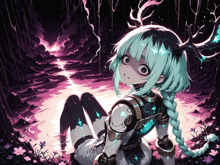 masterpiece,best quality,amazing quality,very aesthetic, anime screencap, anime coloring,  S4bit4mago_illu, wasabi_natsume_illu, digital illustration, no lineart,no outline,dark Fairytale,  limited palette, Bright_illu, LeIsT0_illu, Studio Ghibli Dark Fairytale, Sinozick_illu, 
soft lighting, shadows, soft shadows, shaded, Rim Lighting, light particles,  storm, sand storm, sand, pitch dark, Magenta  theme, 
1girl, side_braids, very long hair, inverted_bob, choppy_bangs, spiral-shaped irises, dark black eyes, shocked, wide eyes, mature, looking at viewer, thick eyebrows, light teal hair,      small breasts, uneven teeth, veins, black veins, (light cyan skin, colored skin,:1.2), doll joints,    sitting, legs up,,
(solo:1.6), from behind, looking back,  from above,, tilted head, 
glowing print,  antlers, large antlers,
light black damask armored Tabard, white mesh armored shorts, 
  (portrait, upper body:1.2),  
patterns, circles, fog, mist, smoke, asymmetric, mismatched, 
bronze reinforced wall,   flowers, wildflower field, grass, cyberpunk architecture, colored sky, colored clouds,    interior,
High-tech, laboratory, advanced machinery, glowing screens, floors, data projections, clean walls, 
<lora:StS-Illustrious-Detail-Slider-v1.0:2> <lora:add-detail-xl:2> <lora:LeIsT0_style:0.6> <lora:Bright_style:0.6> <lora:xl_more_art-full_v1:0.4> <lora:wasabi_natsume_style_r1:0.4> <lora:Obsidian_skin:0.2> <lora:NLSTN-IL:0.2> nlstn, <lora:Gothic_Grain_Illustrious:0.4> <lora:TrendCraft_The_Peoples_Style_Detailer-v2.1A-3_12_2025-SDXL:0.6> <lora:ppw_v7_Illuv1.0_1_r2:0.4> <lora:BS2.2:0.2> <lora:WW:0.2> W1CK3D, CORRUPTION,
