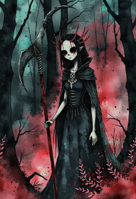 novuschroma style, stylized drawing, beautiful undead vampire priestess with a huge scythe, moving swiftly through a bloody forest, like crimson mist carried by the wind, scenery forest, trees, nature, impasto, watercolor splashes, sinister atmosphere, black background, contrastful gradient between red-pink and cyan, highly detailed, 4k, masterpiece <lora:dmd2_sdxl_4step_lora> <lora:xl_127_spooky_toons_novuschroma_1>