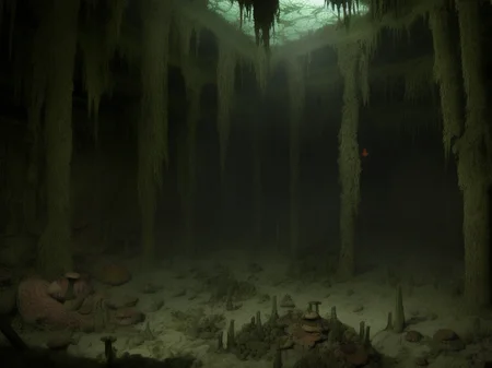 Long exposure photo of underwater world, collapsed buildings, butterflies shilouettes, bubbles, Horror-themed  forgotten stones, overgrown foliage, silent memories, A dark green skein of vines and monstrous mushrooms the height of a man, stalactites and stalagmites, and at the bottom a carpet of damp mold that imprisoned the legs. The light was scarce, and the whole thing gave off a sweet and violent smell. The smell of mushrooms is hallucinogenic . Eerie, unsettling, dark, spooky, suspenseful, grim, highly detailed <lora:RomanInterior-10:0.8> RomInt . Blurred motion, streaks of light, surreal, dreamy, ghosting effect, highly detailed