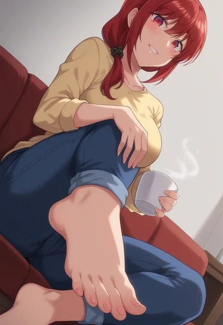 score_9, score_8_up, score_7_up, source_anime,  uncensored, <lora:Viper_Risen-000014:1>, v1p3r1seV6, BREAK, natsumi,1girl,red hair,low ponytail,red eyes, large breasts, curvy, big ass, yellow shirt,long sleeves, jeans, seductive, blush, smile, sitting, on couch, looking viewer, front view, barefoot, feet, toes, long toes, foot fetish, head tilt, parted lips, dutch angle, indoors, luxury living room, couch, coffee table, tea cup, cookies, arm support,