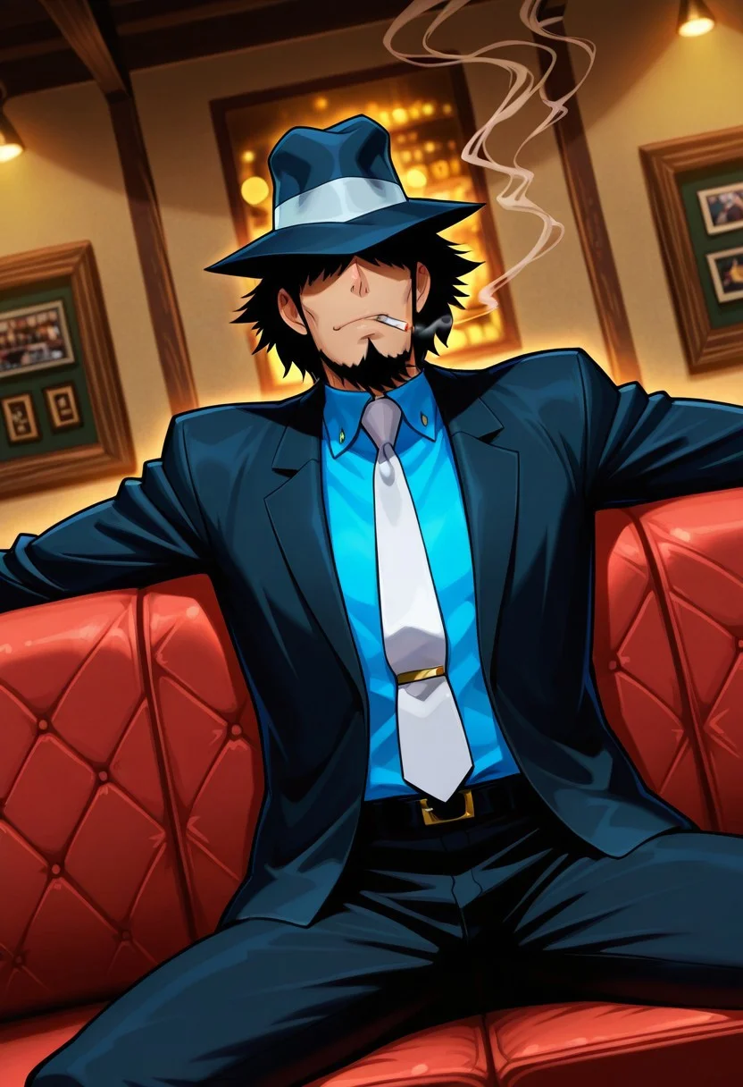 safe_pos, safe_pos, score_9, score_8_up, score_7_up, score_6_up, perfect anatomy, perfect proportions, best quality, masterpiece, high_resolution, high quality, best aesthetic, absurdres, highres, extremely detailed, huge filesize, solo male, adult, mature, masculine, manly, handsome, charming, alluring, standing, upper body, dutch angle, cowboy shot, perfect face, perfect eyes, source_anime \, anime coloring, Daisuke Jigeni, LP3Jigen, black hair, sideburns, facial hair, chinstrap beard, jawline beard, ((eyeless, hidden eyes, eyes in shadow, eyes hidden by shadows)), fedora, LP3Jigen_outfit05, black suit, light blue collared shirt, white necktie, black blazer, black pants, detail background, smoke, cigarette, indoors, bar, pub, night club, realxing pose, sitting on couch, spread legs, outstretched arms, hands on couch, movie still, vibrant, vivid, stardom, glamorous, extraordinary achievement, award-winning, expressionist, cinematic still, emotional, harmonious, vignette, bokeh, cinemascope, moody, epic, gorgeous