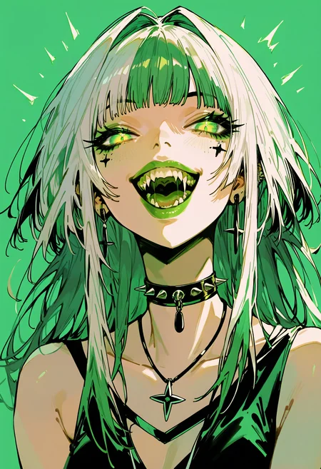 score_9, score_8_up, score_7_up score_9, score_8_up, score_7_up, score_6_up, score_5_up, score_4_up,
<lora:GothGirlAestheticV5-000015:1> g0th,
1girl, green theme, solo, open mouth, virtual youtuber, teeth, looking at viewer, multicolored hair, spikes, choker, long hair, fangs, green eyes, shiori novella, jewelry,