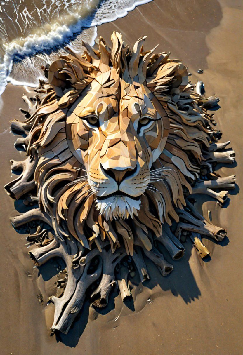 (drift wood washes up on the shore, all the tiny parts of drift wood form together to create a perfect  shape of a male lion lying on the shore), abstract, 3d render, strong, insanely intricate details, (masterpiece), breathtaking natures art work