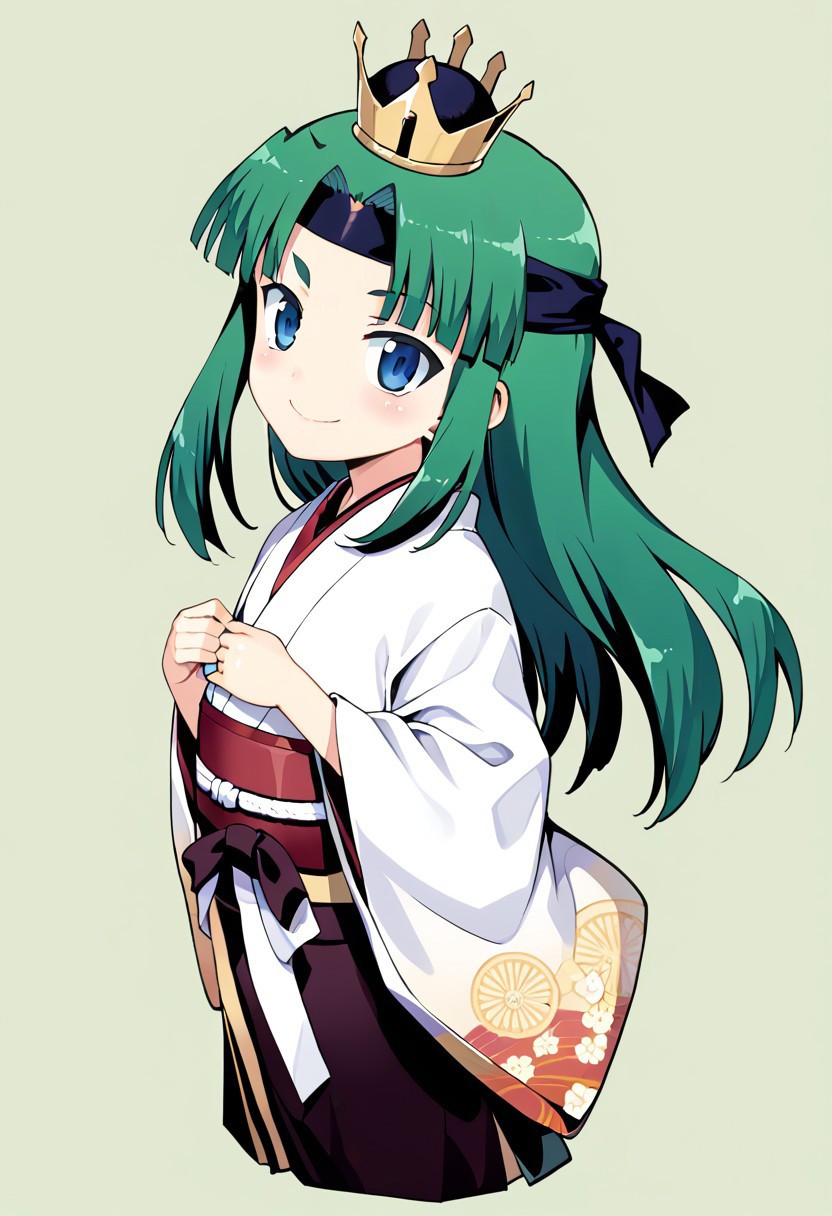 <lora:Tsugumomo-PonyXL-1024px-v1.0:0.8>
1girl, solo, flat chest, short petite, small body, blue eyes, crown, full body, green hair, headband, japanese clothes, kimono, long hair, looking at viewer, sash, skirt, smile, standing, tabi, transparent background, (((upper body, portrait))).