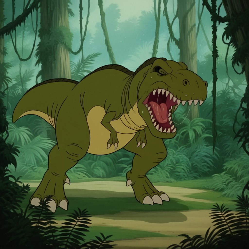 score_9, score_8_up, score_7_up, score_6_up, score_5_up, score_4_up, source_furry, mamarexlbt, feral, female, Tyrannosaurus, dinosaur, green skin, closed eyes, jungle, standing, mouth open, roaring, spittle, saliva,
