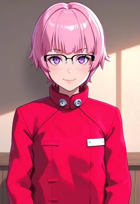 <lora:sdxl_lightning_8step_lora:1> <lora:Fixhands_anime_bdsqlsz_V1:1>score_9, score_8_up, score_7_up, source_anime, intricate details, perfect anatomy BREAK
1girl, solo, gis-esakipurin, pink hair, short hair, purple eyes, black-framed eyewear, red coat,
little smile, standing, mugshot, looking at viewer, upper body, portrait, close-up face, facing viewer, indoors,
<lora:gis-esakipurin_XL(pony):0.9>