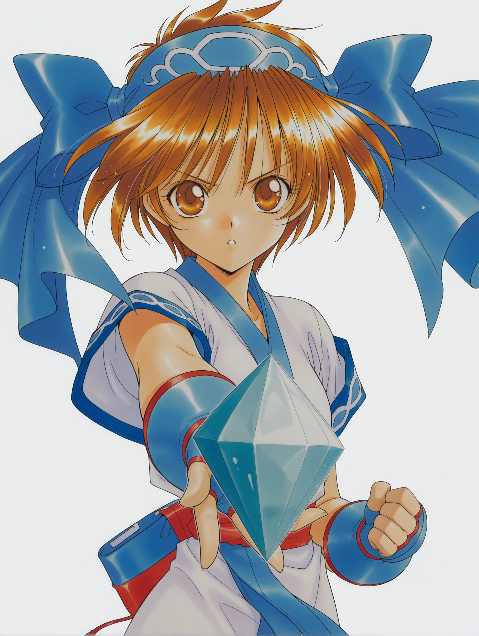masterpiece,best quality,newest,1girl,solo,
<lora:rimururu_ilxl_v1.3:1>,n_rimu,brown hair,brown eyes,r_bow,r_clothes,fingerless gloves,Conle,crystal,<lora:Fixhands_anime_bdsqlsz_V1:1>,dynamic_angle,cinematic_angle,looking_at_viewer,white_background,simple_background,standing,upper_body,face_focus,serious,reaching towards viewer,
