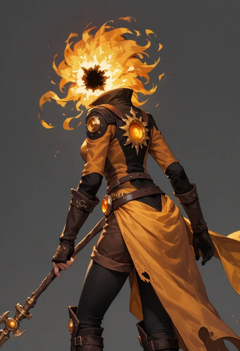 score_9, score_8_up, score_7_up,
lord_of_frenzy, fire head,
holding magic spear,
novakin, faceless, no eyes, no mouth, no nose, no facial features, short fiery yellow orange hair, body made of black plasma,
from behind, bent over,
magical girl outfit, steampunk dress, boots, brown shorts, black tights, medium breasts, belt,
simple background, grey background,