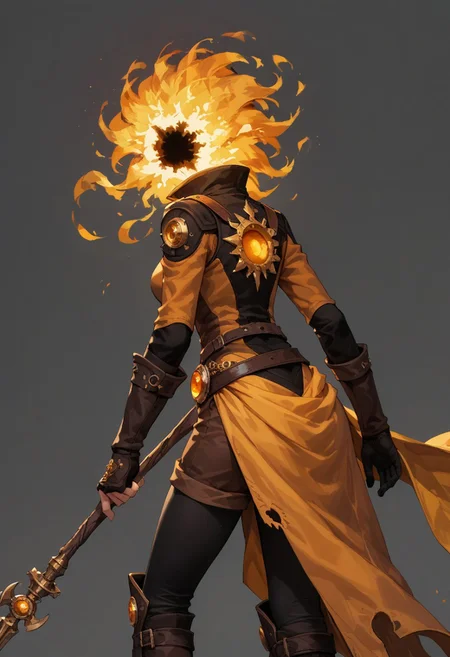 score_9, score_8_up, score_7_up,
lord_of_frenzy, fire head,
holding magic spear,
novakin, faceless, no eyes, no mouth, no nose, no facial features, short fiery yellow orange hair, body made of black plasma,
from behind, bent over,
magical girl outfit, steampunk dress, boots, brown shorts, black tights, medium breasts, belt,
simple background, grey background,