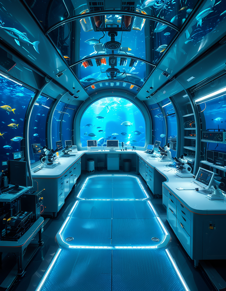 A futuristic underwater research laboratory,underwater research l4b0r4t0ry, located deep beneath the ocean's surface, surrounded by vibrant marine life and illuminated by soft, bioluminescent lighting. The laboratory features large, reinforced glass domes offering a panoramic view of the surrounding blue abyss, with schools of colorful fish and rays of sunlight filtering through the water above. Inside, advanced scientific equipment, glowing computer screens, and researchers in modern wetsuits or lab coats are visible, conducting experiments. The structure is sleek and metallic, with curved, aerodynamic designs to withstand water pressure. Coral reefs and marine plants grow nearby, adding natural beauty. The lighting is a mix of cool, bluish tones, with faint yellow lights from the laboratory windows creating a contrast. The atmosphere is calm yet futuristic, with a focus on scientific exploration and harmony with the marine environment.
<lora:SDXLFaeTastic2400:0.4> <lora:extremely_detailed:0.4> extremely detailed, <lora:underwater_research_l4b0r4t0ry:1>
