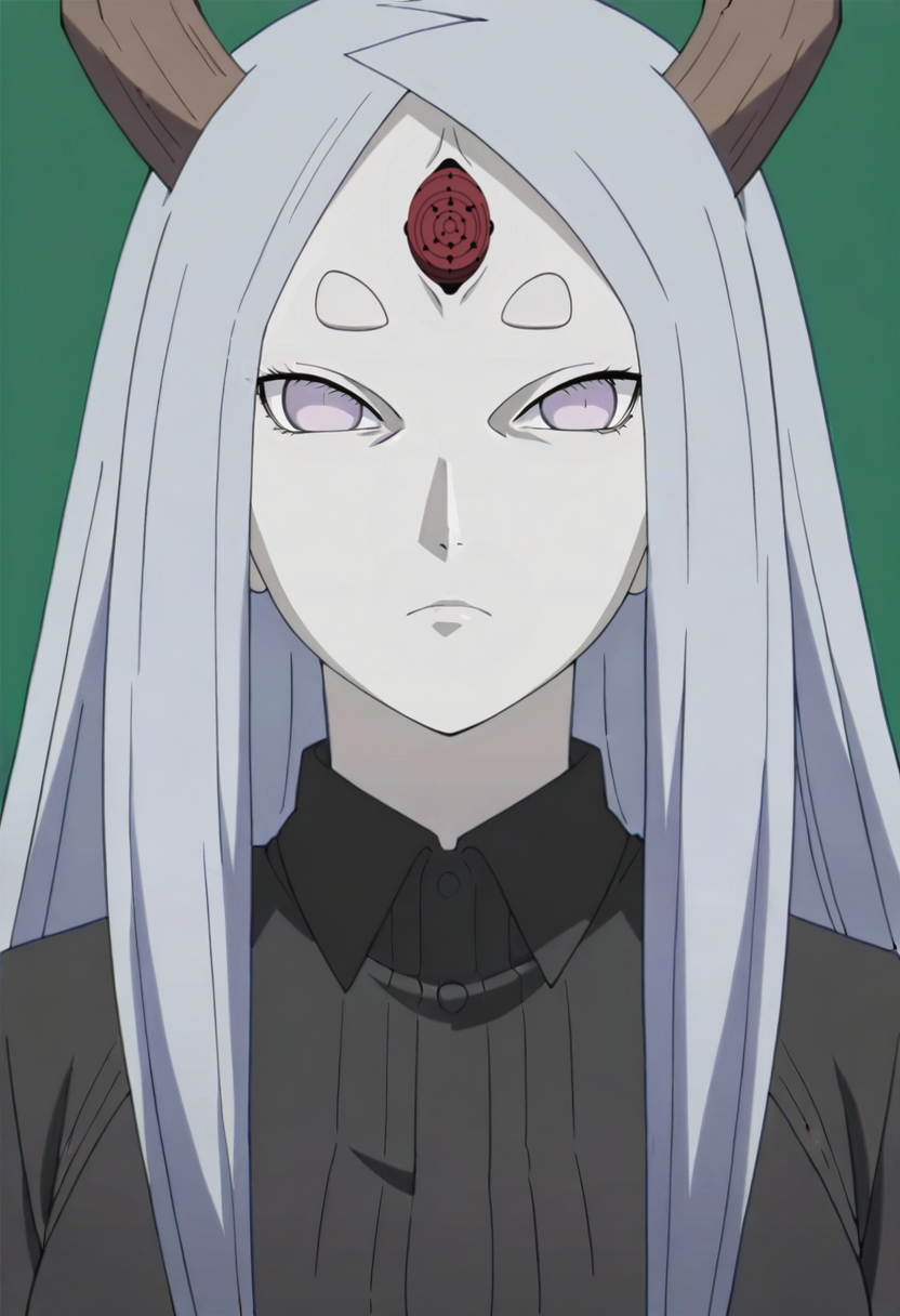 simple background,green background, solo, upper body,  portrait, black shirt, collared shirt, 
,kaguyaot,mature female, pale skin, grey eyes, white hair, parted bangs, bangs, short eyebrows,long hair, medium breasts,
forehead mark, third eye, horns,
anime screencap, masterpiece, best quality,uncensored,  <lora:Kaguya ot IL v1:0.9>,