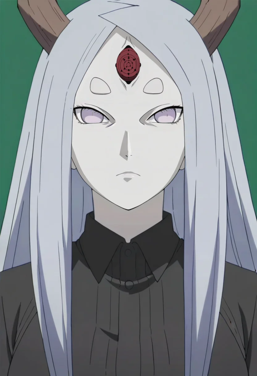 simple background,green background, solo, upper body, portrait, black shirt, collared shirt,
,kaguyaot,mature female, pale skin, grey eyes, white hair, parted bangs, bangs, short eyebrows,long hair, medium breasts,
forehead mark, third eye, horns,
anime screencap, masterpiece, best quality,uncensored, <lora:Kaguya ot IL v1:0.9>,