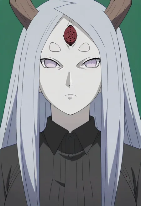 simple background,green background, solo, upper body, portrait, black shirt, collared shirt,
,kaguyaot,mature female, pale skin, grey eyes, white hair, parted bangs, bangs, short eyebrows,long hair, medium breasts,
forehead mark, third eye, horns,
anime screencap, masterpiece, best quality,uncensored, <lora:Kaguya ot IL v1:0.9>,