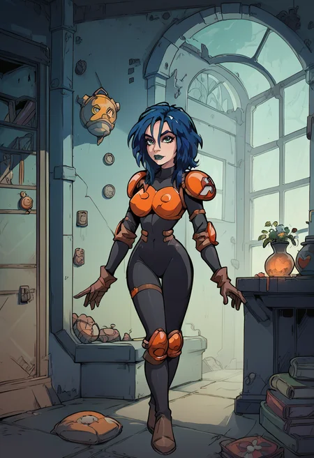 1girl, solo, full body, standing, orange armor, deep blue hair, black bodysuit, dark green eyes, brown gloves, dark lipstick, looking at viewer, makeup, inside of abandoned mansion, <lora:Kylie_GriffinPony64:1>, <lora:AkaburV2_PDXL:0.87> , Akaburstyle, score_9, score_8_up, score_7_up,