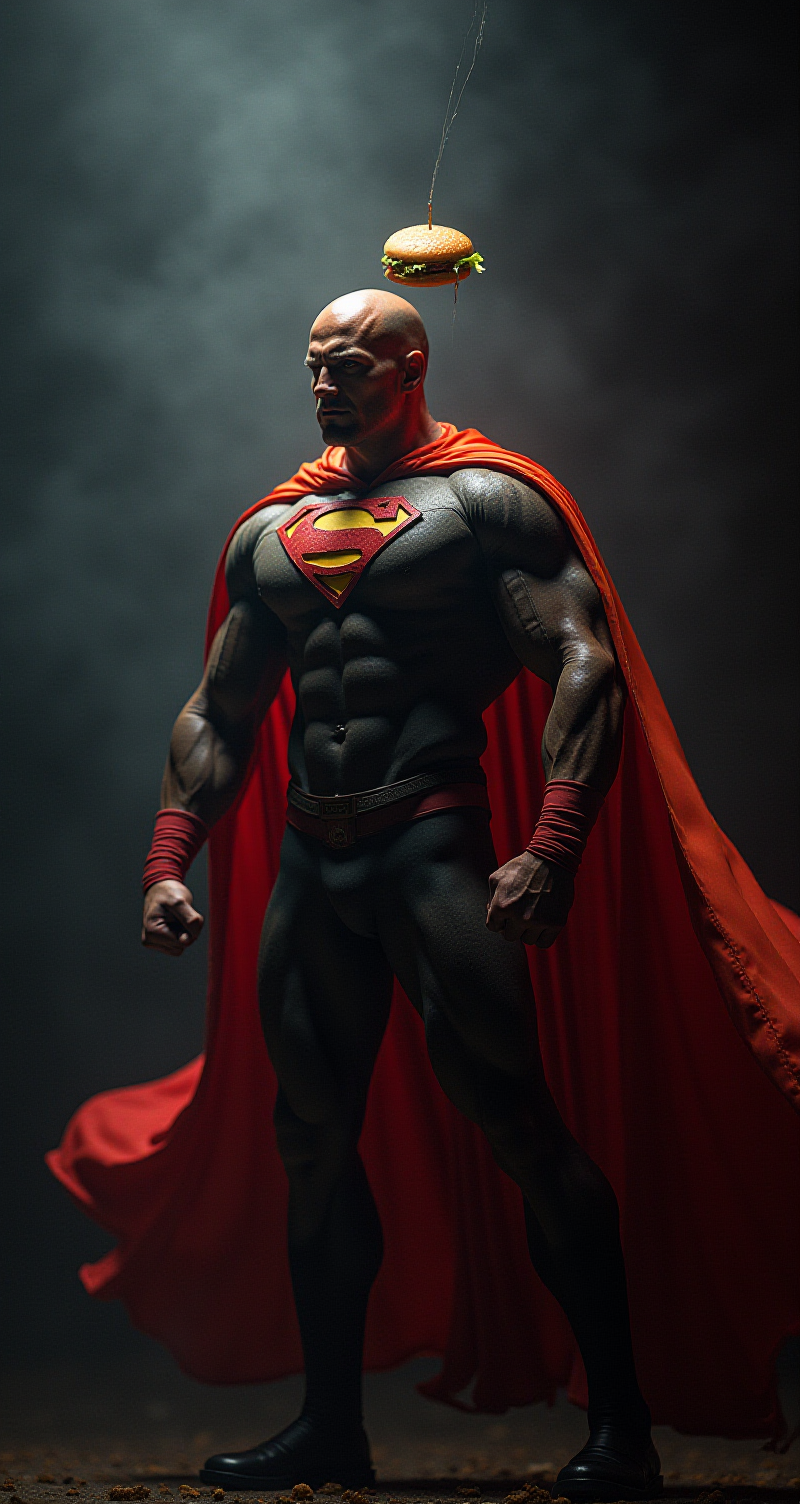 m100-style, a muscular Cheeseburger with a Planethead, juicy, deep blacks, charming mysterious, Action Scene, billowing translucent Rainbow colored cape, volumetric lighting, realistic analog photo,