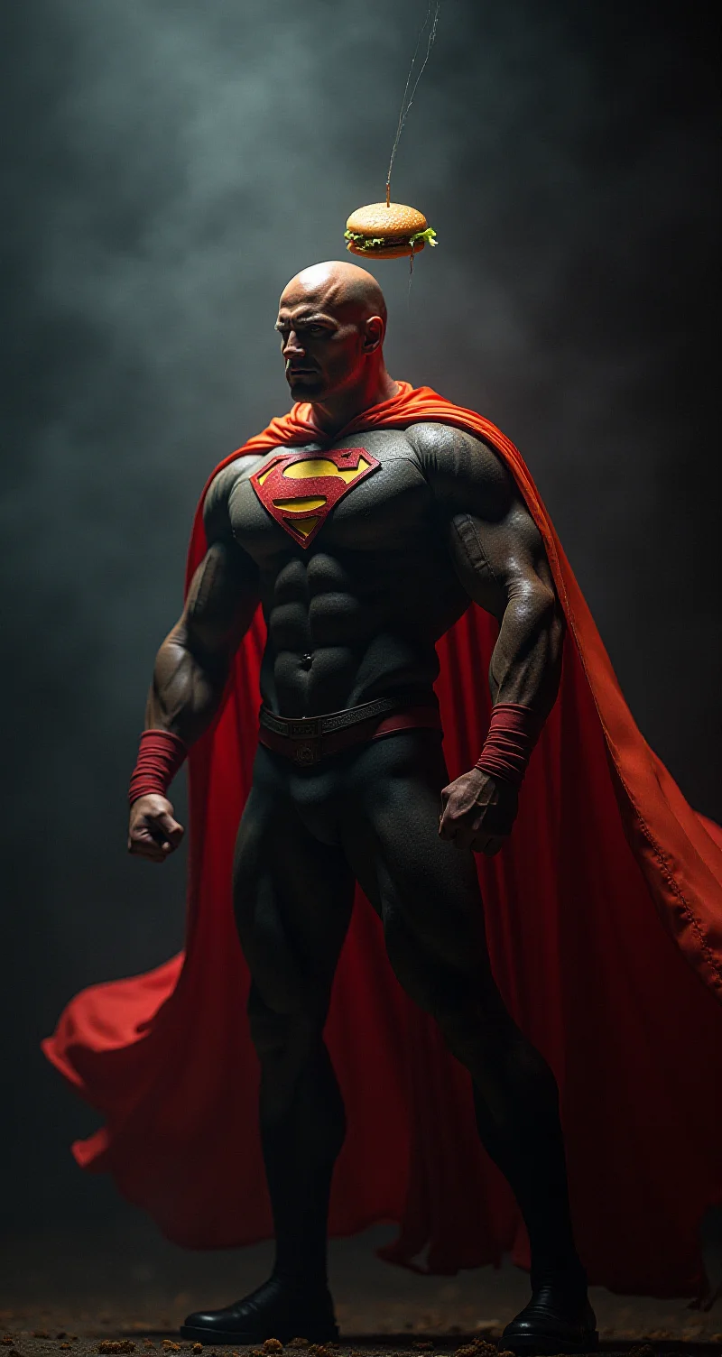 m100-style, a muscular Cheeseburger with a Planethead, juicy, deep blacks, charming mysterious, Action Scene, billowing translucent Rainbow colored cape, volumetric lighting, realistic analog photo,