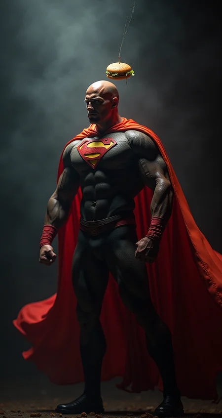 m100-style, a muscular Cheeseburger with a Planethead, juicy, deep blacks, charming mysterious, Action Scene, billowing translucent Rainbow colored cape, volumetric lighting, realistic analog photo,