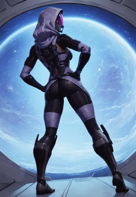 embedding:urn:air:sd1:embedding:civitai:222256@250708, score_9, score_8_up, score_7_up, ultra quality, 1girl, Talixl, alien, hooded, helmet, visor, mouthless, exosuit, multicolored exosuit, black bodysuit, purple bodysuit, honeycomb print, full body, from behind, skin tight, ass, looking back, leg armor, hands on hips, space background, nebula, window