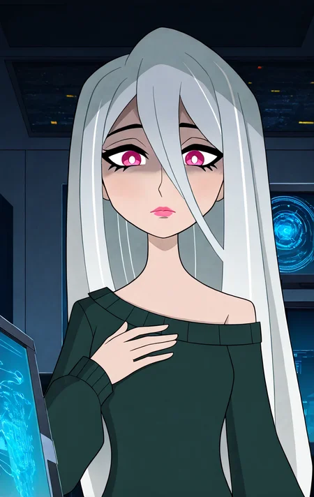 upper body,hand on own chest,from behind,1girl,solo,pale skin,straight hair,long white hair,long hair between eyes,pink eyes,white pupils,(pink lips,lips),closed mouth,off the shoulder sweater, dark green sweater,<lora:long_hair_between_eyes_illustrious_v1_b:0.8>, <lora:BH6-000018:0.72>,spy headquarters, high-tech screens, dark atmosphere,<lora:hotarueye_xl_tareme4_v10:0.8>