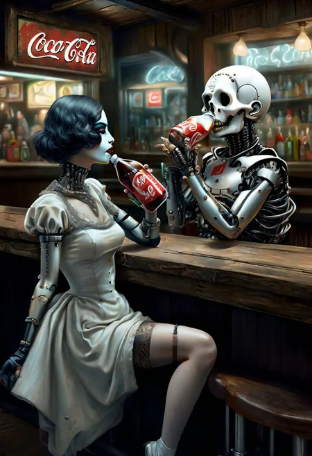 surreal , lowbrow art, Biomechanical, female , cyborg, pierrot,trending on artstation, , intricate details, ethereal, crisp quality, , surrealism,him drinking a coke and bottle by his side in a rustic bar,
leica 8k comic book dada ,surreal