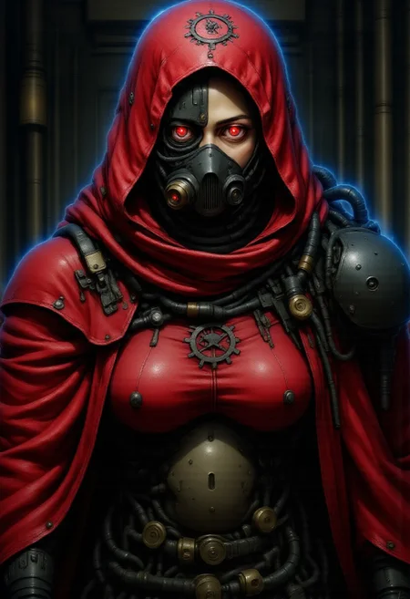 nistyle, Adeptus Mechanicus Warhammer 400000, Female Mechanicus, dark toned color scheme, techno-priest, Warhammer 40k, 1girl, black respirator mask, eyelashes, intense gaze, pale skin, scars, digital Illustration, rough texture red robe with mechanicus_sigil, red hood with ornate clasps, corrugated tubes, machine oil stains, mechanical arm, face smudged, sleeves dirty, cybernetic implants, glowing eyes, detailed eyes, C0NTR4CT0R, gothic architecture, industrial architecture, dark aesthetic, cinematic lighting, dynamic composition, masterpiece, high quality, dramatic shading, insane details, perfect quality
