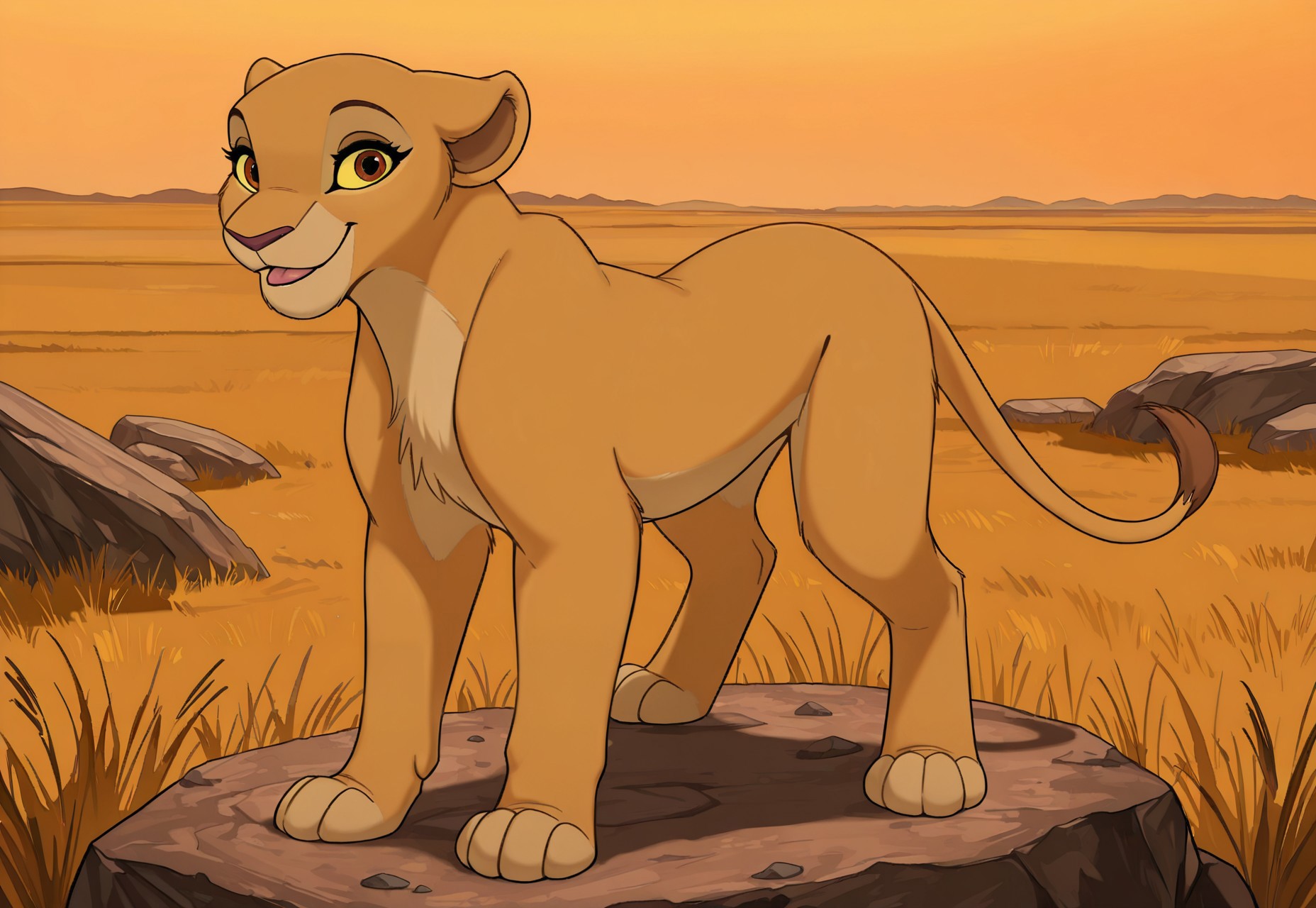 score_9, score_8_up, score_7_up, score_6_up, best quality, highly detailed, detailed fur, detailed background, 
Solo, Furry, female, feral, lioness, Kiara, reddish-brown eyes, yellow sclera, smile, open month, tongue, tail, looking at viewer, savannah, rock, 
