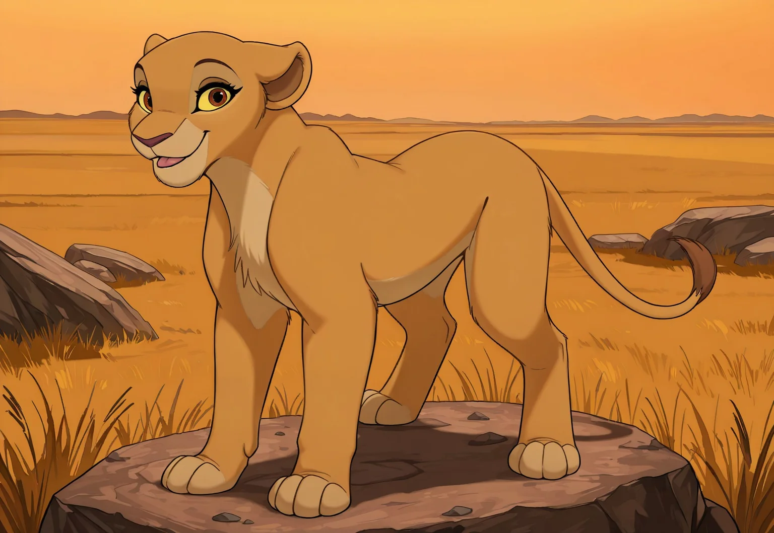 score_9, score_8_up, score_7_up, score_6_up, best quality, highly detailed, detailed fur, detailed background,
Solo, Furry, female, feral, lioness, Kiara, reddish-brown eyes, yellow sclera, smile, open month, tongue, tail, looking at viewer, savannah, rock,
