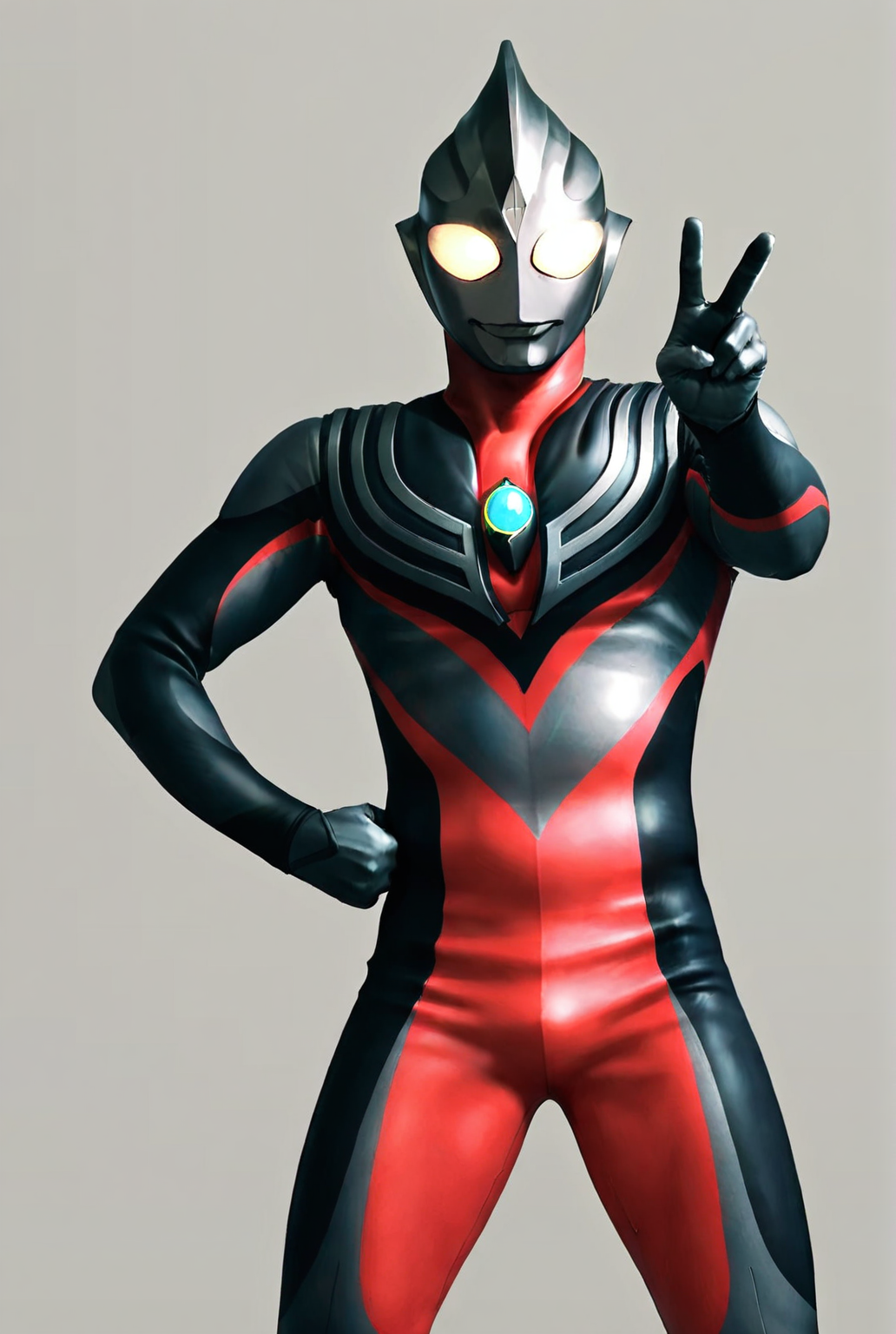 very awe,aesthetically pleasing,masterpiece,best quality,amazing quality,very aesthetic,ultra-detailed,high resolution,8k,1boy,solo,cowboy shot,male focus,detailed face,bodysuit,tokusatsu,alien,glowing eyes,yellow eyes,v, hand on own hip,<lora:tiga tornado:0.8>,tiga tornad0,