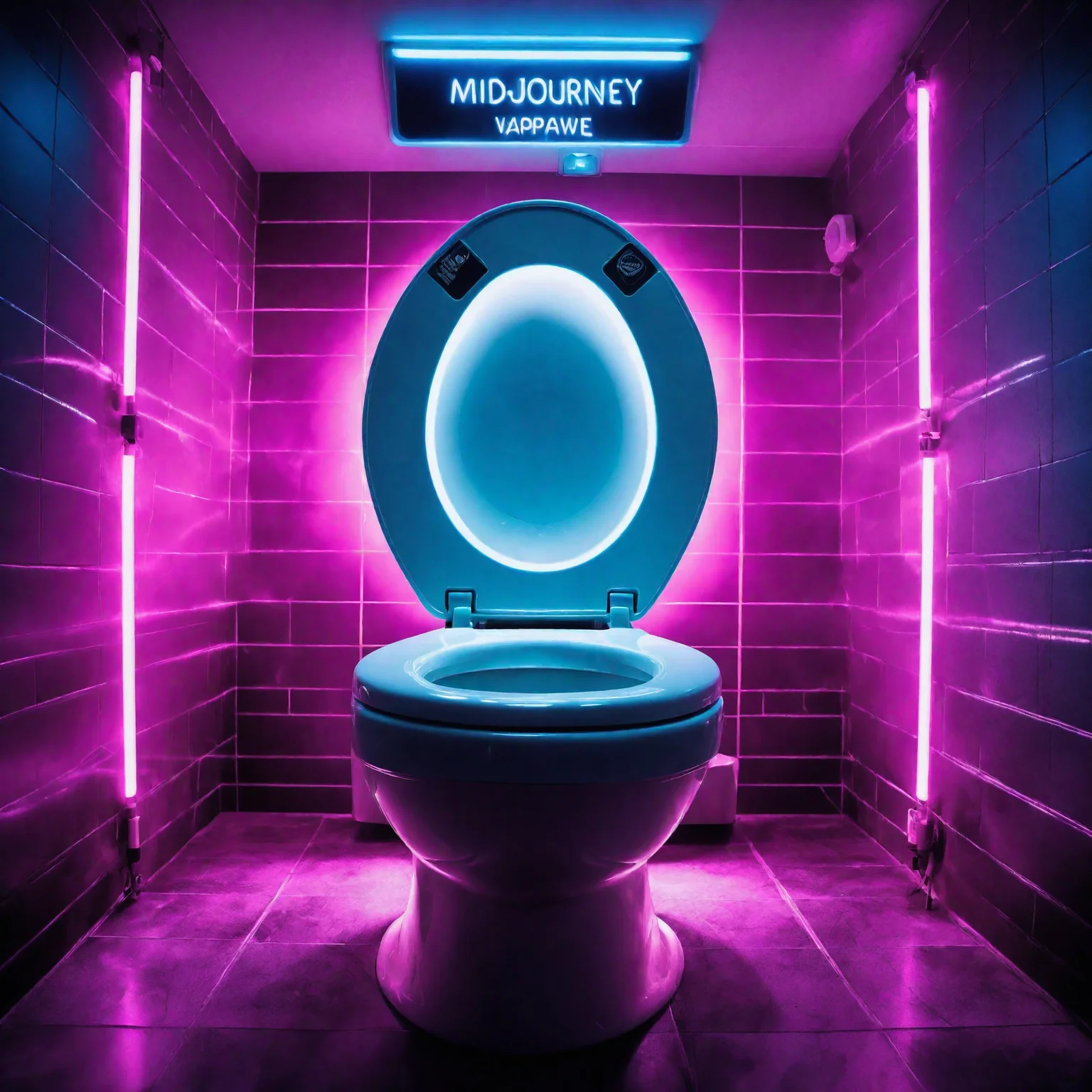 Futuristic Robotic (((Toilet))) under a spotlight, elevated on stage, ((the manufacturor's name emblazoned on the side with text "Midjourney" on the toilet lid in a modern font)), (((excessive detail))), indicators, lights, (((vaporwave))), (((mini LED lights))), foggy haze in the air with strobes and lasers illuminating it, neon lights, HDR, Photo-reallistic, photography, bokeh, best quality