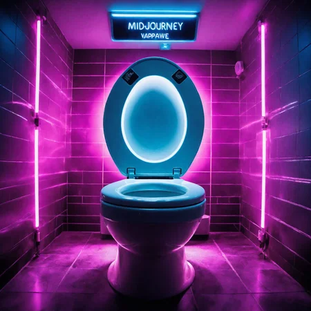Futuristic Robotic (((Toilet))) under a spotlight, elevated on stage, ((the manufacturor's name emblazoned on the side with text "Midjourney" on the toilet lid in a modern font)), (((excessive detail))), indicators, lights, (((vaporwave))), (((mini LED lights))), foggy haze in the air with strobes and lasers illuminating it, neon lights, HDR, Photo-reallistic, photography, bokeh, best quality