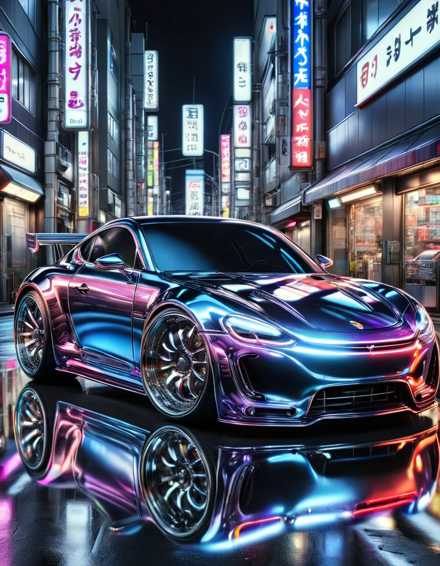 Porsche in Tokyo, neon paint, electromagnets as wheels, wheels of lightning, add detail, night photo, reflections, 4k, uhd, hdr,  made out of  ral-polishedsteel <lora:ral-polishedsteel:1>