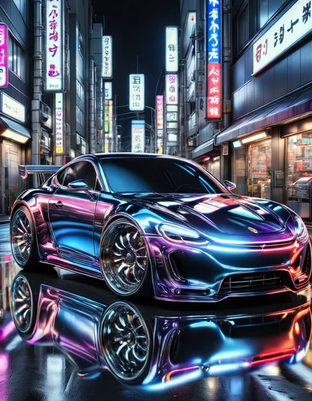 Porsche in Tokyo, neon paint, electromagnets as wheels, wheels of lightning, add detail, night photo, reflections, 4k, uhd, hdr, made out of ral-polishedsteel <lora:ral-polishedsteel:1>
