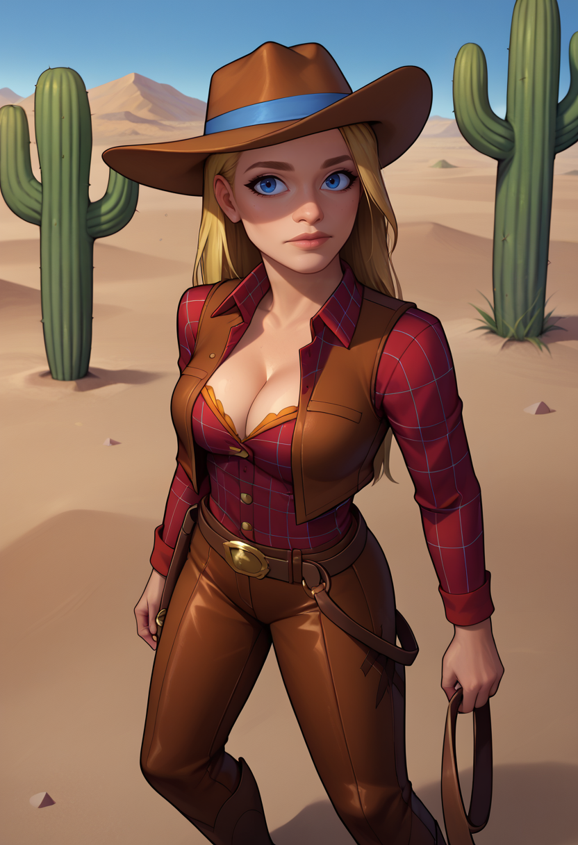 score_9, score_8_up, score_7_up, BREAK, 1girl, solo,  <lora:lindsaytd-guy-PONYv1:.85>, lindsaytd, cleavage, long sleeves, desert, cactus, open vest, cowgirl \(western\), cowboy hat, belt buckle, chaps, belt, from above, plaid, plaid shirt,
