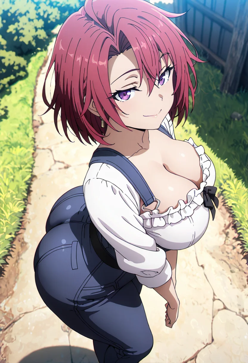 uncensored, HDR, 8K, high contrast, masterpiece, best quality, amazing quality, very aesthetic, superabsurd res, high resolution, ultra-detailed, absurdres, newest, scenery, solo, Cow_Girl, red hair, short hair, bangs, purple eyes, large breasts, small waist, thick thighs, huge ass, wide hips, looking at viewer, white blouse, dark-denim jumpsuit, cleavage, seductive eyes, outdoors, dinamic angle, above view, seductive pose, seductive smile, standing