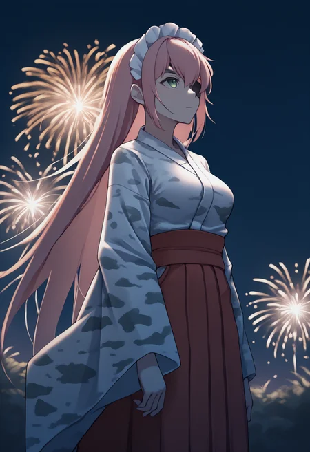 anime, masterpiece, best quality, solo, 1girl, czdlt, expressionless, looking up, standing, pink hair, camouflage, maid headdress, green eyes, eyepatch, japanese clothes, white kimono, wide sleeves, red hakama, outdoors, night, fireworks, backlighting
<segment:yolo-Anzhc Face seg 640 v2 y8n.pt,0.4,0.5//cid=1>