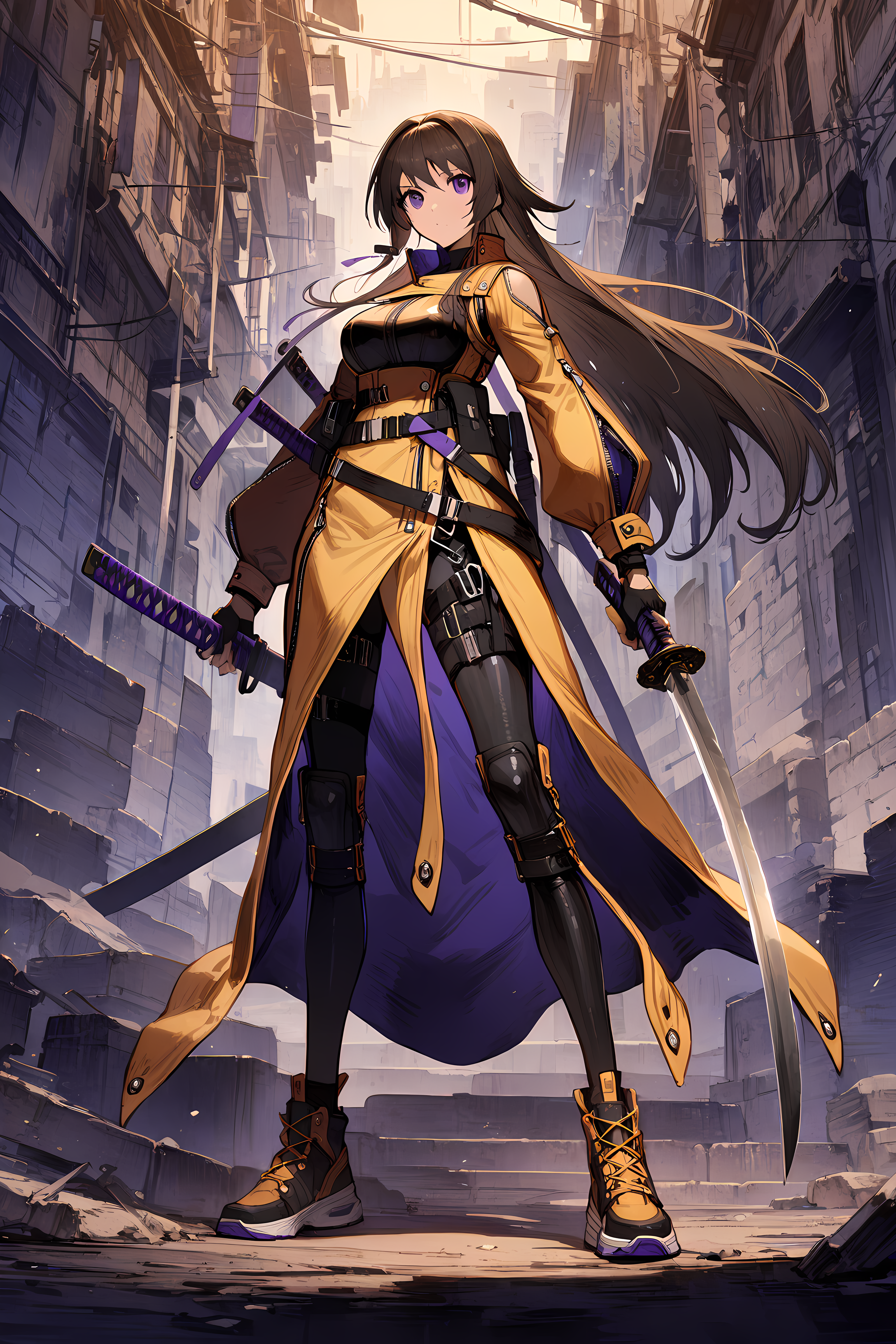 (masterpiece),(best quality),(ultra-detailed),(best illustration),(best shadow),(absurdres),(detailed background),(very aesthetic)takamura yui, 1girl, weapon, sword, long hair, solo, katana, holding, purple eyes, holding weapon, holding sword, originaloutfit, full body, <lora:Takamura_Yuiç¯_å¯ä¾_-_Muv_Luv_Dimensionsããã©ã´ãã£ã¡ã³ã·ã§ã³ãº_SDXL_Animagine_XL_3.1:1>