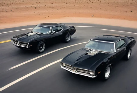 Creates an ultra detailed and realistic image wide angle, of a race between 70s cars, muscle cars, with aerodynamic lines from 1972. The cars have tinted black windows. It is captured in motion with motion blur at full speed through a desert, daylight. Race between 2 cars. The photograph is captured with an Arri Alexa camera, with a zoom lens.
. <lora:Vintage Muscle Car SDXL:1>