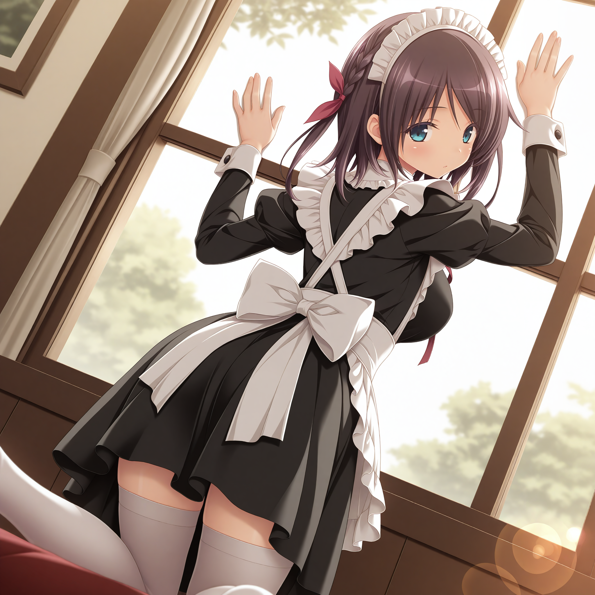 <lora:Umino_Akari_1_nai-000007:1>,Umino Akari,braid,hair ribbon,red ribbon,
maid,maid headdress,maid apron,white apron,frilled apron,back bow,white bow,black dress,puffy long sleeves,neck ribbon,white collar,frilled collar,white thighhighs,
1girl,solo,arms up,w arms,from behind,dutch angle,looking at viewer,looking back,depth of field,lens_flare,kneeling,window,against window,