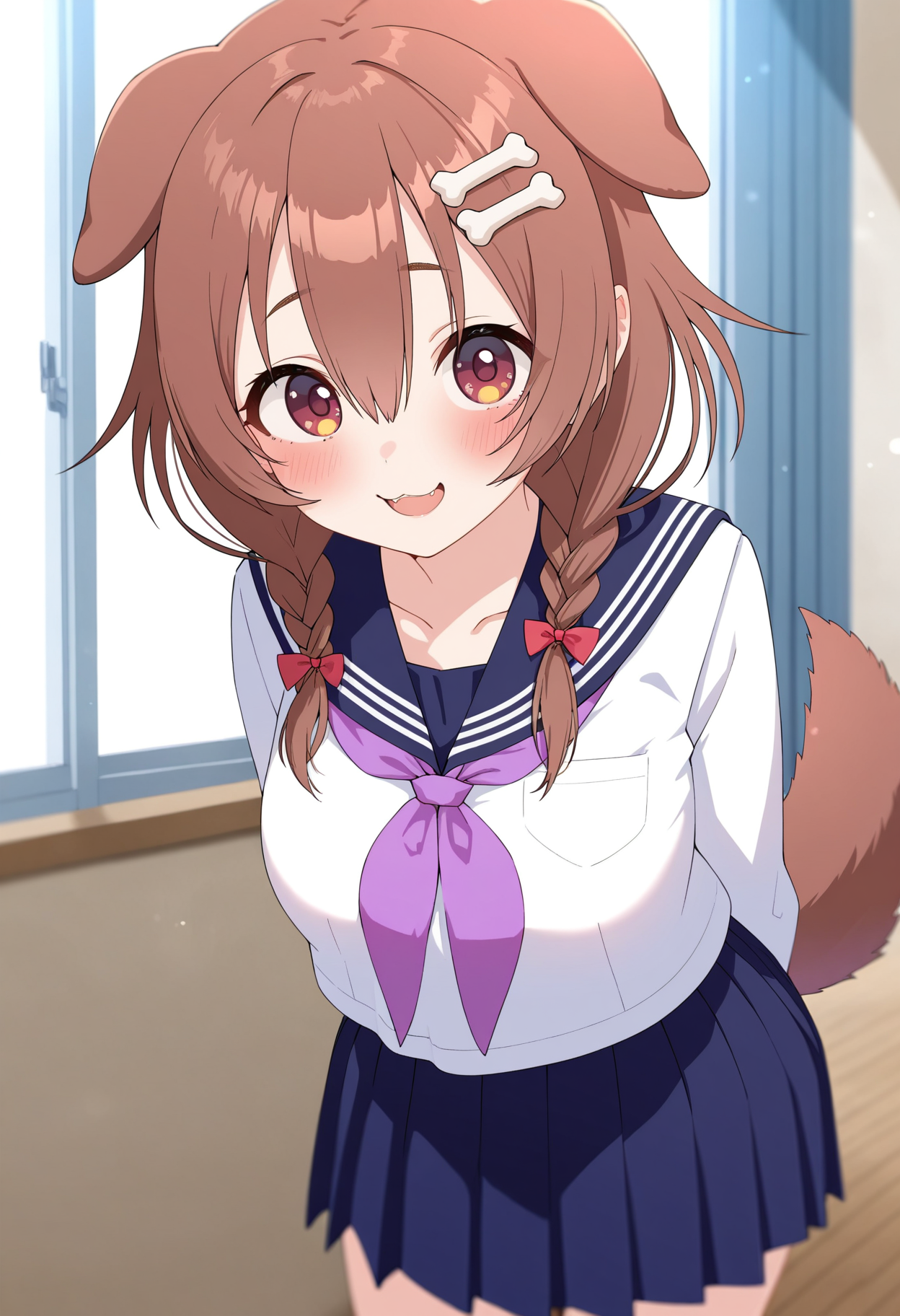 masterpiece,best quality,amazing quality,
1girl, solo, tail, inugami korone, school uniform, dog ears, brown hair, serafuku, animal ears, bone hair ornament, dog tail, virtual youtuber, skirt, hair ornament, dog girl, blush, long hair, braid, bow, extra ears, red bow, neckerchief, pleated skirt, sailor collar, hair bow, twin braids, purple neckerchief, long sleeves, breasts, shirt, bangs, cowboy shot, purple eyes, arms behind back, blue skirt, alternate costume, hair between eyes, smile, open mouth,
 <lora:Felipe Godoy_epoch_7:1>