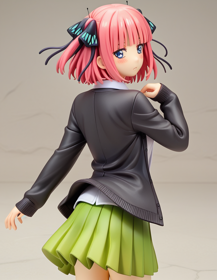 score_9, score_8_up, score_7_up, source_anime,
ninonakano, <lora:nino-nakano-s2-ponyxl-lora-nochekaiser:0.5>, 
nino nakano, short hair, bangs, blue eyes, hair ornament, hair ribbon, pink hair, blunt bangs, two side up, butterfly hair ornament, mature female,
skirt, shirt, long sleeves, white shirt, pleated skirt, open clothes, collared shirt, sleeves past wrists, dress shirt, cardigan, green skirt, open cardigan, black cardigan,
<lora:alter-figurines-ponyxl-lora-nochekaiser:1>, alter figurine, 1girl, blush, solo, <lora:shaft-look-ponyxl-lora-nochekaiser:0.5>, shaft look, looking back, from behind, head tilt,