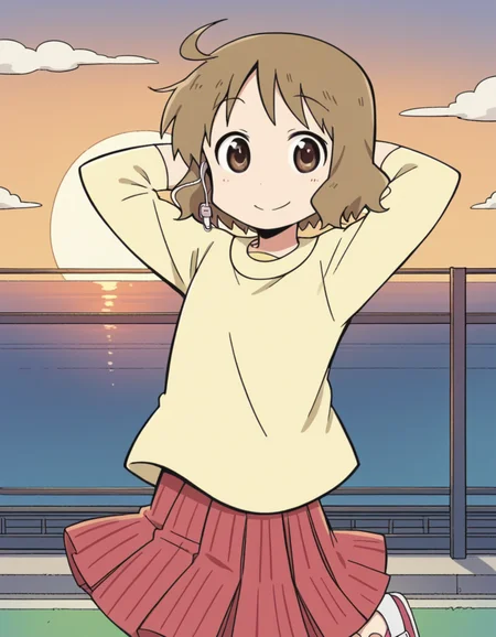 score_9, score_8_up, score_7_up, source_anime, <lora:izumi-sakurai-s1-ponyxl-lora-nochekaiser:1>, izumi sakurai, short hair, brown hair, brown eyes, ahoge,, skirt, yellow shirt, pleated skirt, red skirt,, suburban neighborhood, morning jog, earphones, running shoes, fresh air, sunrise, smile, hands behind head,, looking at viewer, solo,, dutch angle, cowboy shot